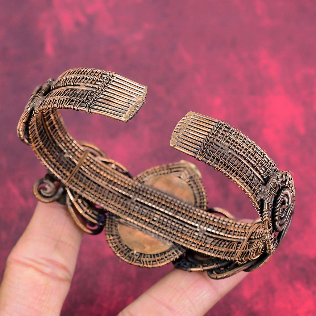 Hypersthene Bangle Copper Wire Wrapped Cuff Bracelet Adjustable Gemstone Bangle Copper Wire Wrap Jewelry Gift for Her Handmade Flower Bangle