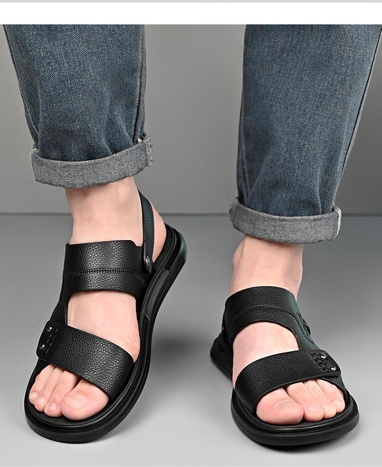 Fashion Solid Color Leather Sandals for Men 2025 Summer New Designer Anti-slip Soft Sole Beach Shoes Male Outwear Dual-use Slipper Shoes