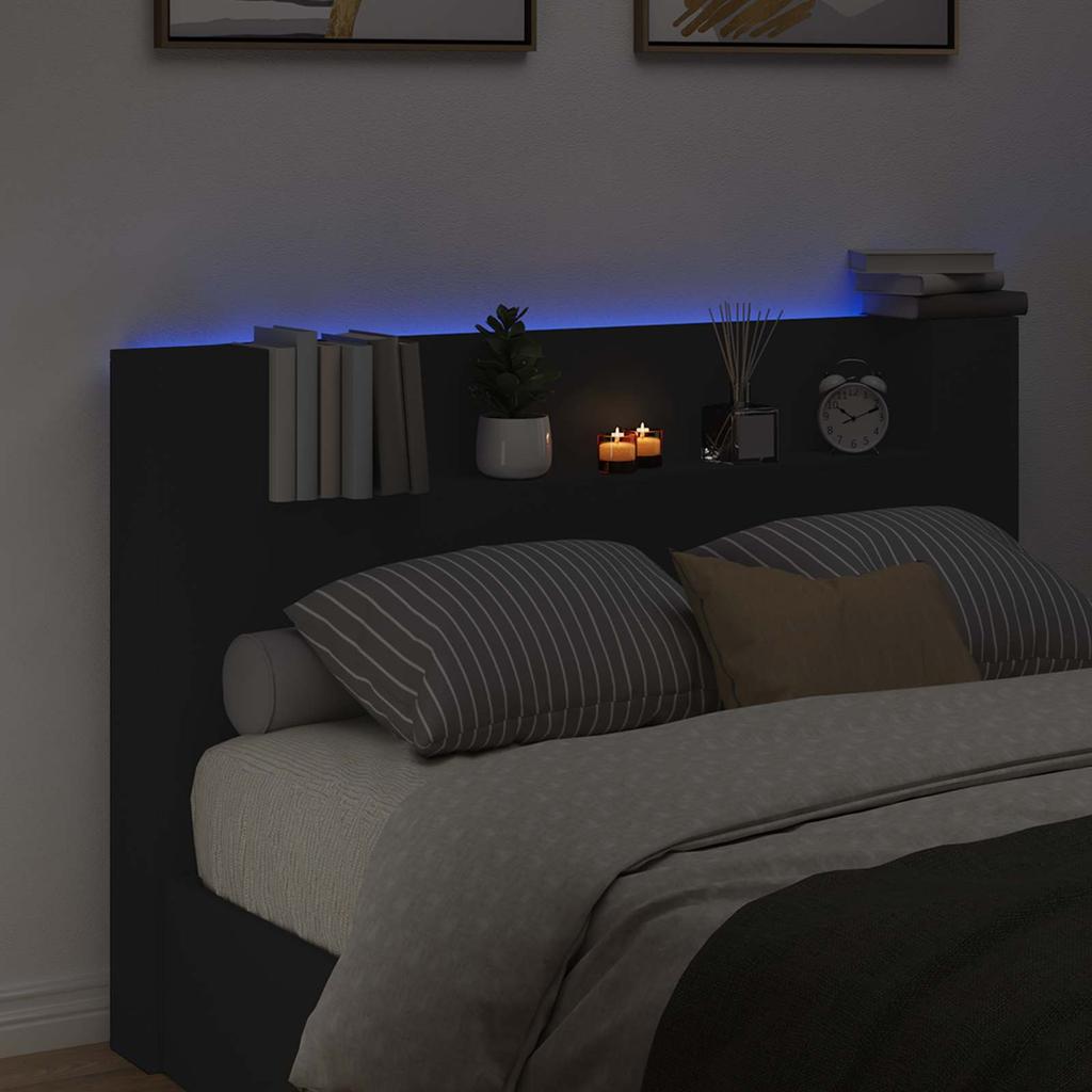 Headboard with Storage and LED Lighting Black Wood Based Material