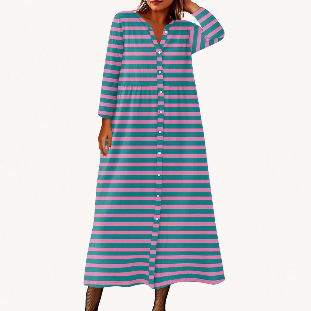 Damen Modisches Bedrucktes Rundhals Siebenviertelarm Knopf Lockeres Hemdkleid