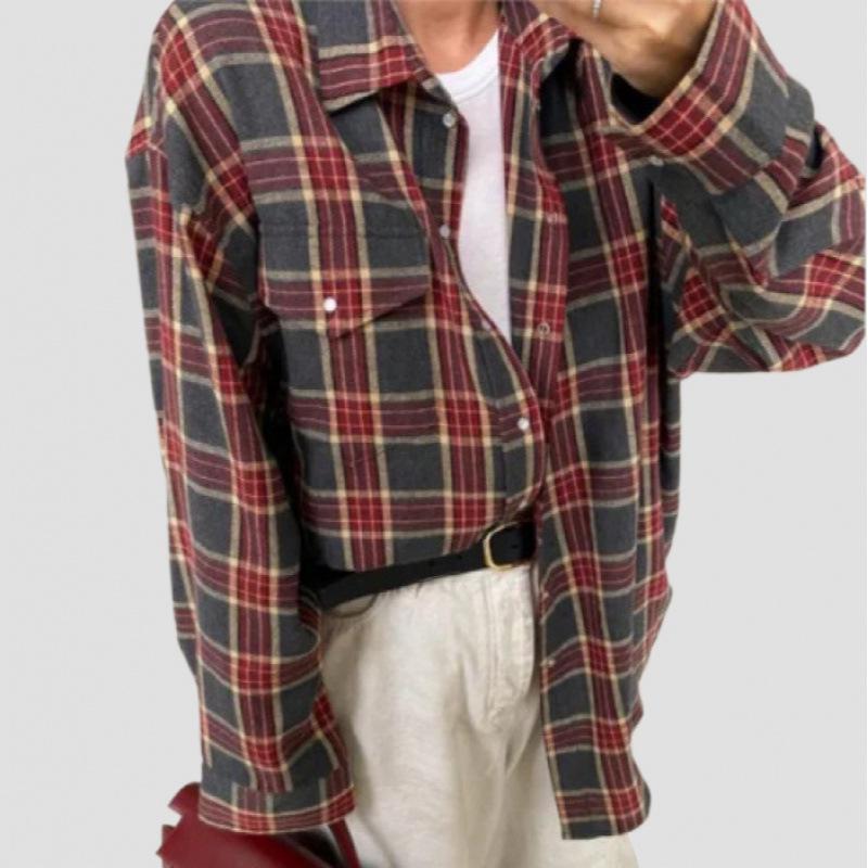 Women's Retro Plaid Long Sleeve Loose Lapel Shirt for Spring and Autumn