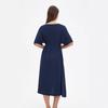 Women's V Neck Short Sleeve Midi Dress Loose Fit Elastic Waist Elegant Style Rayon Linen Blend A Line Dress With Button Belt