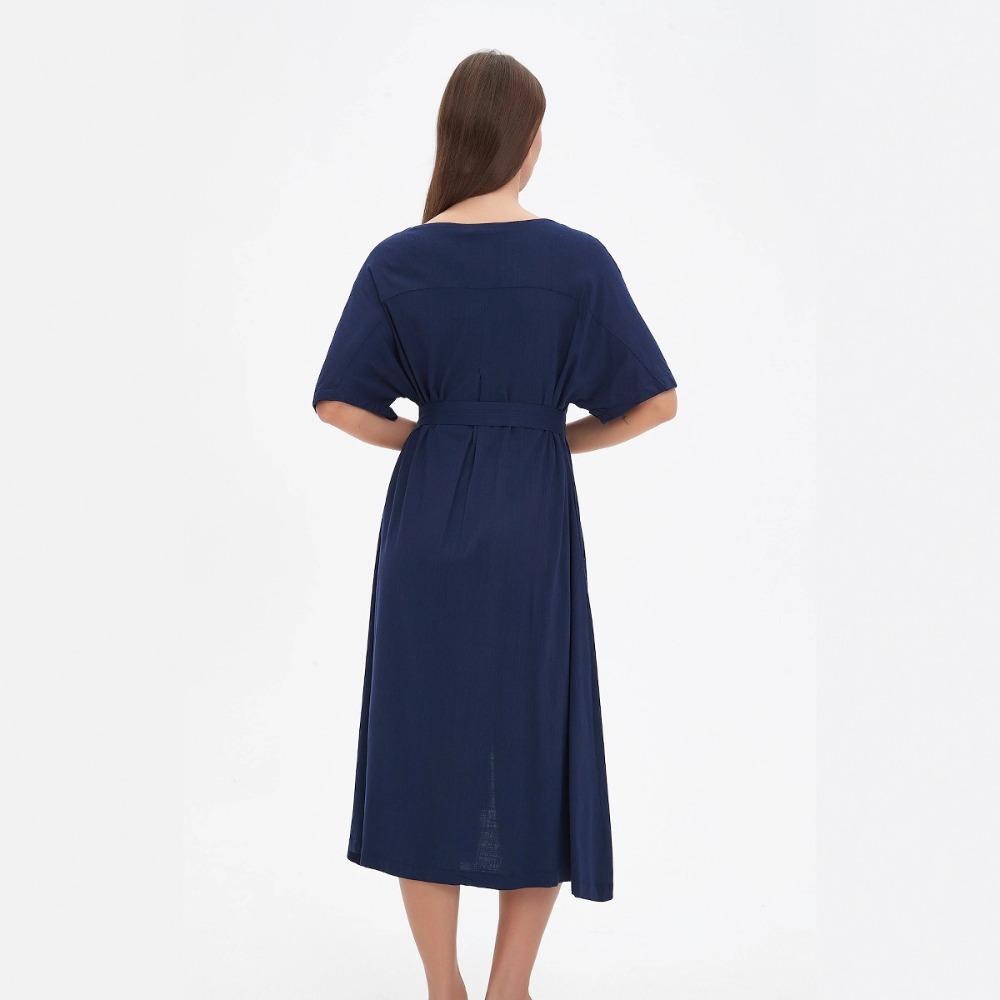 Women's V Neck Short Sleeve Midi Dress Loose Fit Elastic Waist Elegant Style Rayon Linen Blend A Line Dress With Button Belt