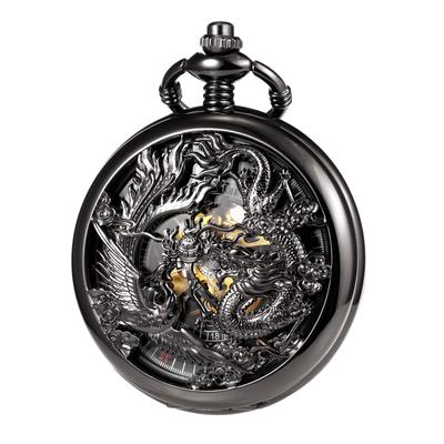 TREEWETO Mechanical Skeleton Pocket Watch Lucky Phoenix and Dragon with Hollow Case Chain Gift Box Black