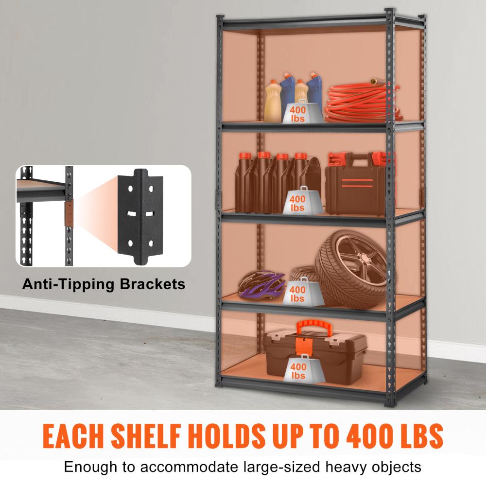 5-Tier Adjustable Heavy Duty Metal Storage Shelf, 2000 lbs 36"×18"×72" Black Rack for Garage Kitchen Basement Laundry