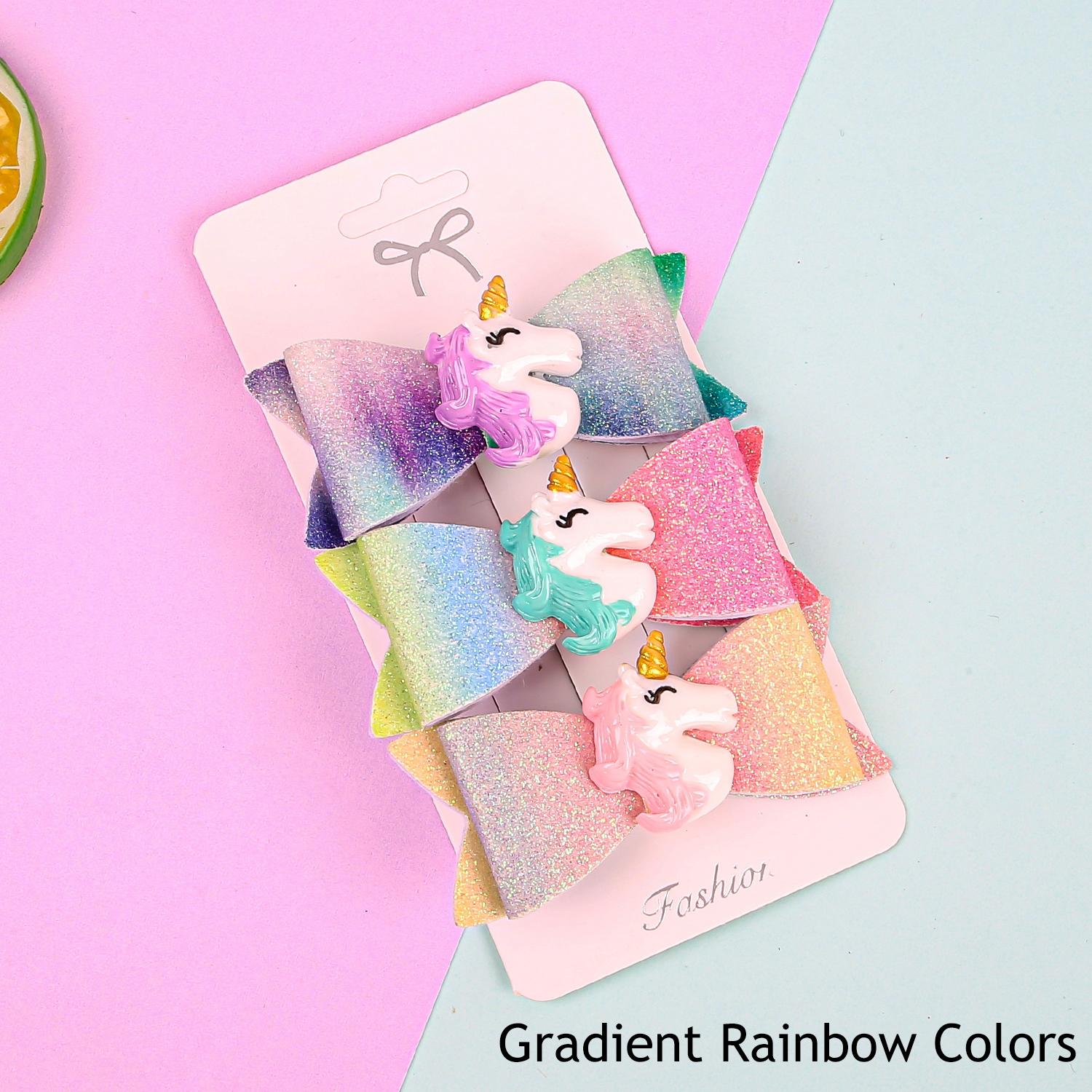 

3 шт. Радужные банты для волос с заколками Милые заколки для волос в виде единорога Заколки-автоматы Банты для волос с блестками Заколки для волос Детские детские аксессуары для волос