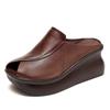 Fashion 7CM Wedges Heel Slippers Women Summer Slip On Fish Mouth Cow Genuine Leather Slippers Height Increasing Platform Casual Slides