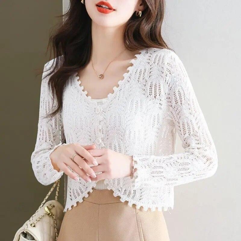 Knitted Sweater, Short, Small, Thin, Sunscreen Jacket, Women's Outerwear, Cardigan, Shawl, Long Sleeved, Hollowed Out  Top