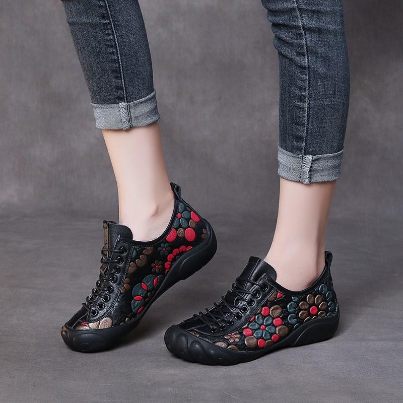 Johnature Ethnic Style Retro Handmade Genuine Leather Soft Soled Shoes Cowhide Lace-up Women's Flat Shoes