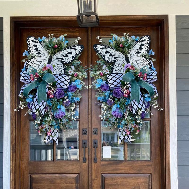 Artificial Spring Wreath Decorative Floral with Fake Butterflies