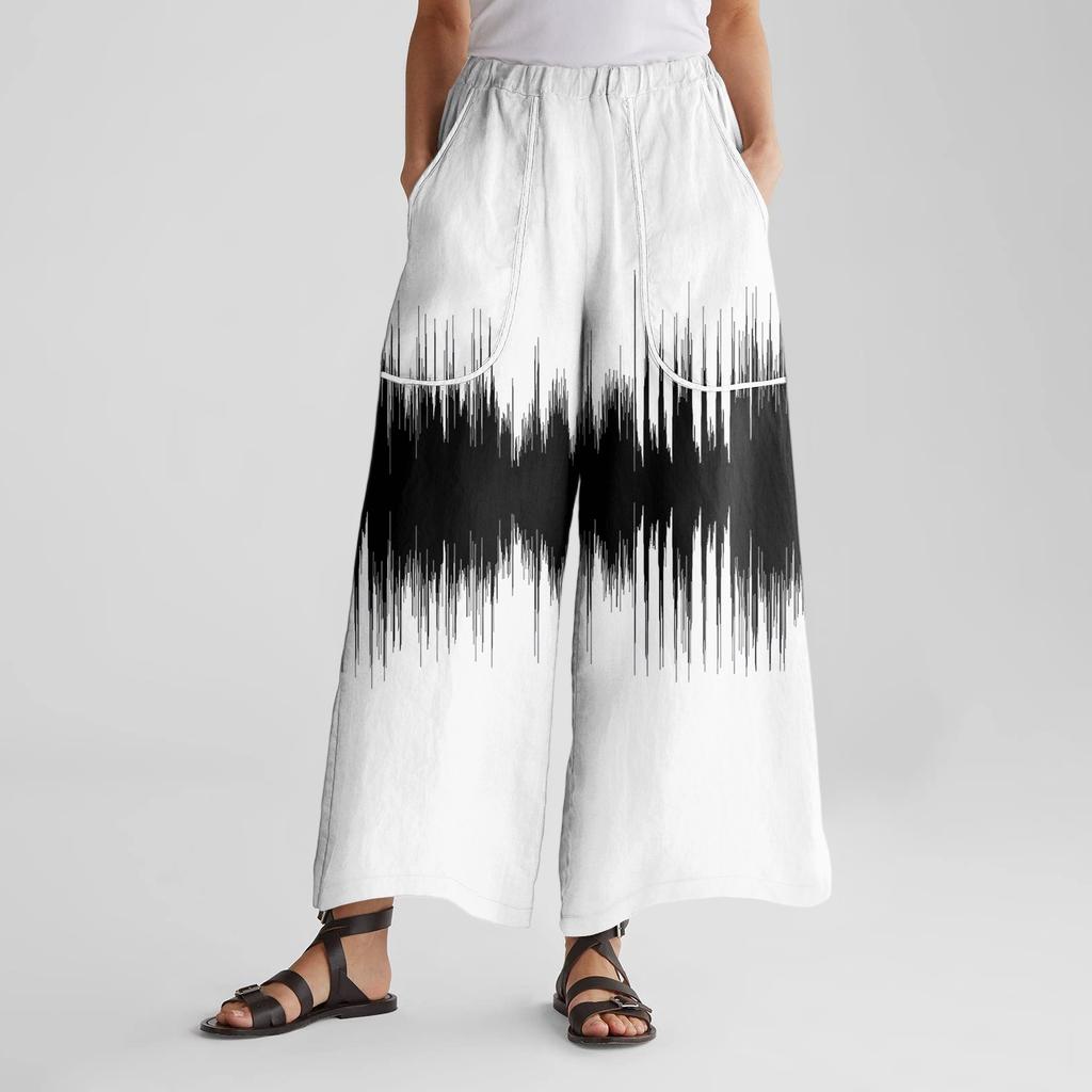 Women's Wide Leg Pants With Elastic Waistband, Retro Printed Large Pockets, Patchwork Loose Pants