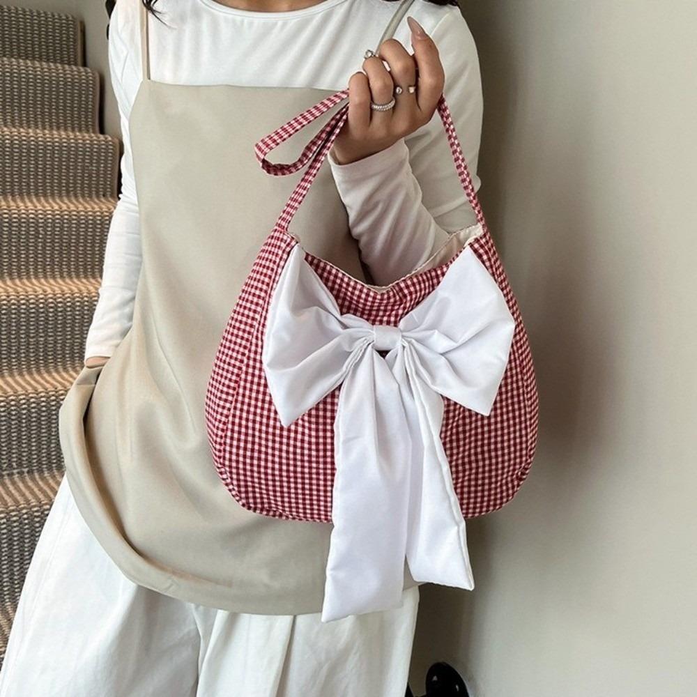 Lattice Bow Shoulder Bag Japanese Style Canvas Tote Bag Portable Plaid Shoulder Bag  Girl