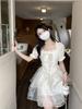 Fairy fungus edge square collar dress, female spring and summer new princess style waist fluffy cake dress