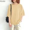 ZANZEA Women Casual Crew Neck Solid Color Loose Half Sleeve Blouse