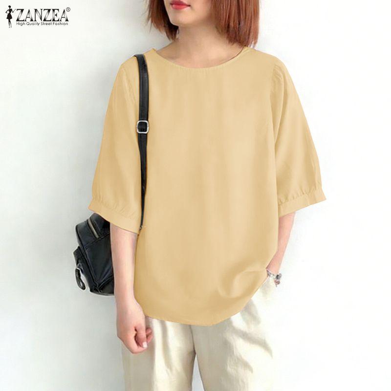 ZANZEA Women Casual Crew Neck Solid Color Loose Half Sleeve Blouse