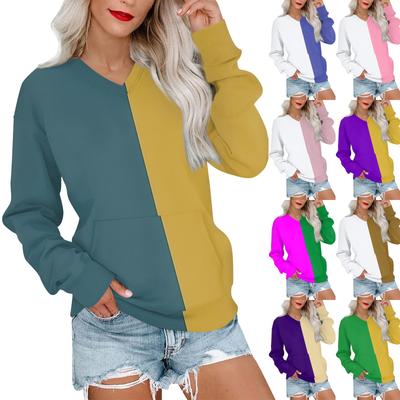 Women's Casual Fashion Stitching Color V-Neck Long Sleeve Sweatshirt Light Pullover With Pockets