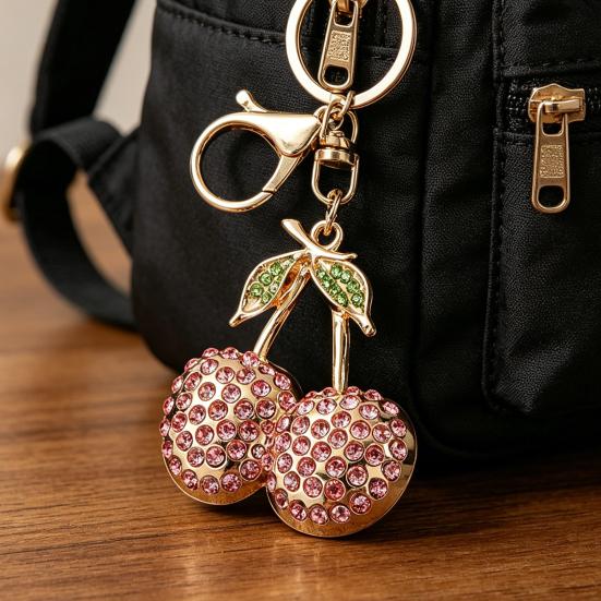 Cherry Keychain Sparkling Rhinestones Lobster Clasp Keyring Cute Fruit Bag Charm Birthday Gift for Women Girls