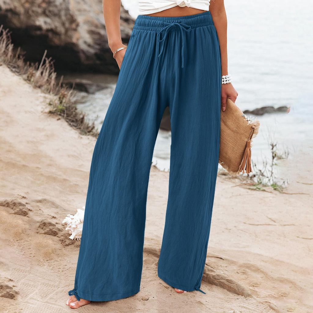 Women's 9-pant Casual Loose High Waist Cotton Linen Wide Leg Long Pants With Pockets