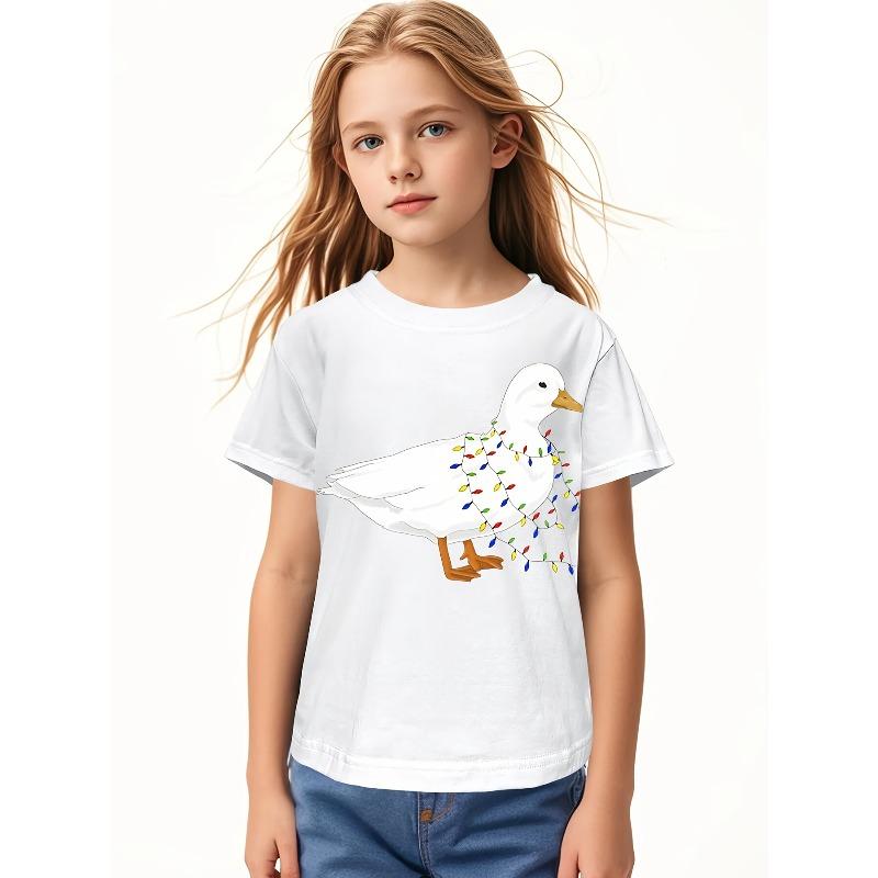 European Sizes Christmas Call Duck Graphic Kid T-Shirt | Casual, Trending Tees Tops for Kids, Crew Neck, Short Sleeve, All-season