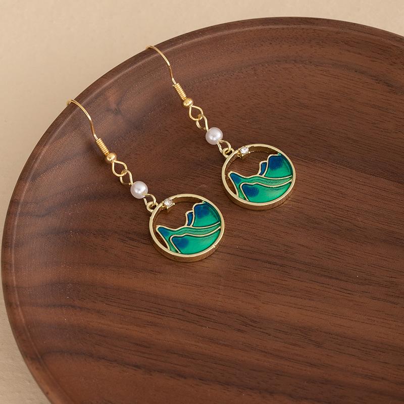 Chinese-Style Guochao Retro Earrings, Dripping Oil Enamel Niche Ear Hooks Are Only Green And Thousands Of Miles Of Jiangshan Earrings, High-End Sense