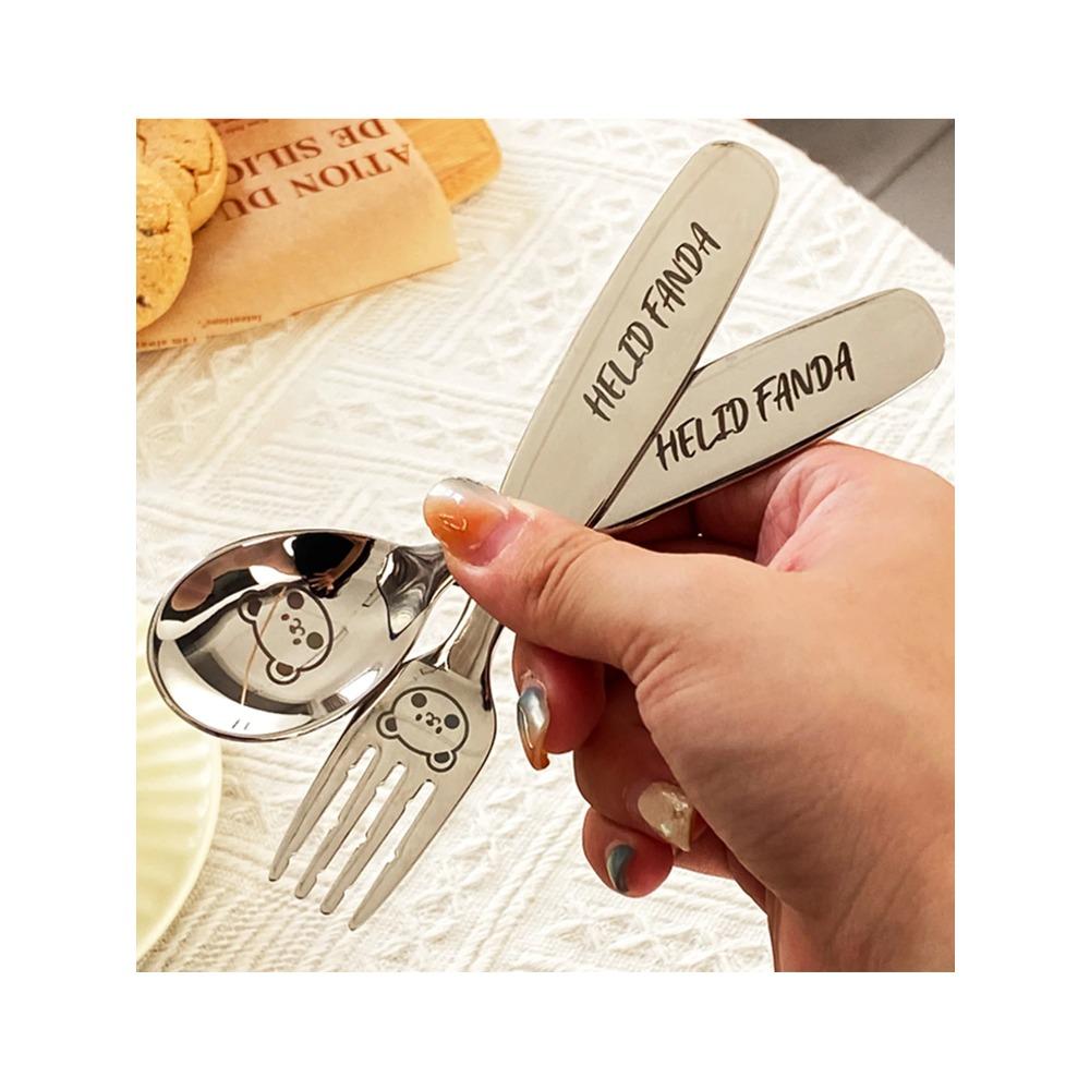 WORTHBUY 304 Stainless Steel Cutlery Children's Spoon Fork Cute Little Bear Pattern Soup Scoop Fruit Fork Reusable Tableware Set