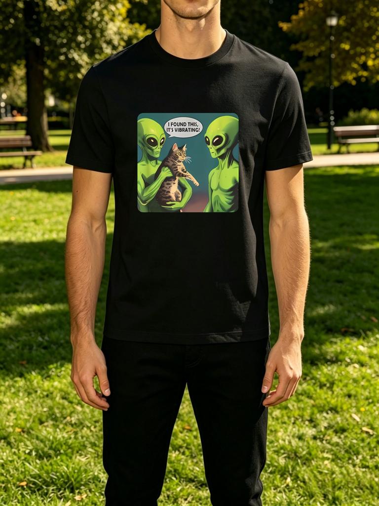 Two Aliens Holding Vibrating Cat Meme Graphic Unisexs Short Sleeve Crew Neck Tee Funny Casual Daily Streetwear Soft Basic Wear Top