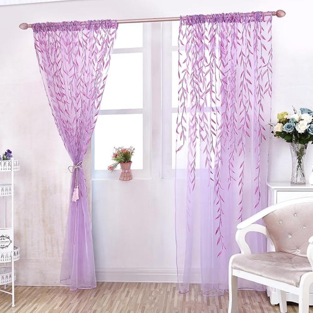 Pieces Window 2 Willow Leaf Curtain Voile Tulle Room Salix Leaf Sheer Vine Drapes Curtain Willow Leaf Curtain For Living Room Bedroom Balcony