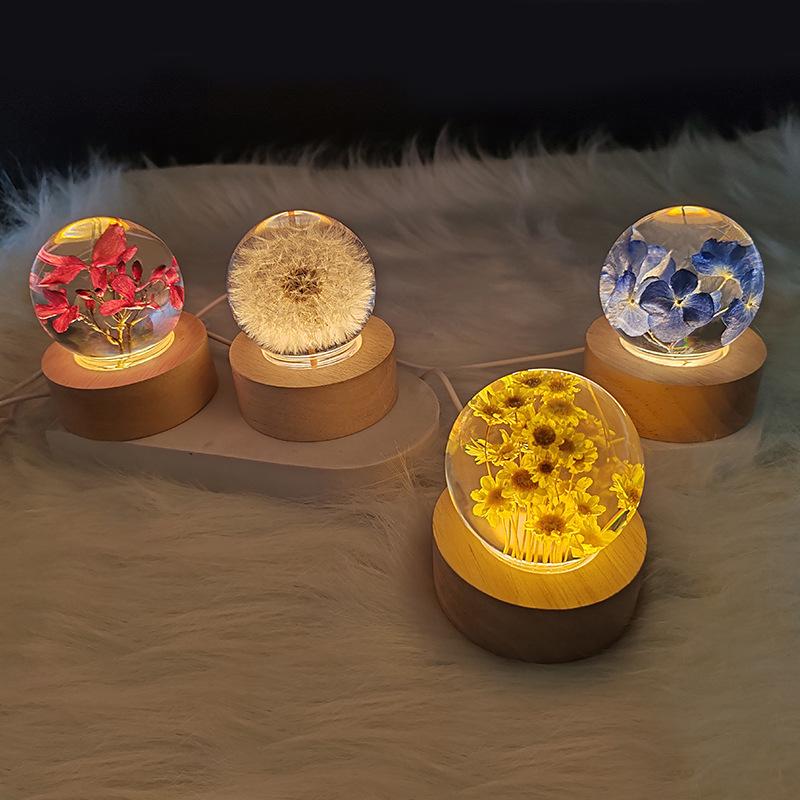 Touch Dimmable Crystal Ball Lamp with Creative Resin Flowers for Mid-Autumn Festival