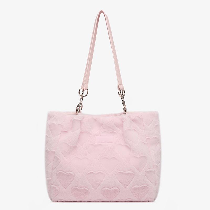 Niedliche flauschige Damen-Freizeit-Tragetaschen Liebesherz Damen Süße Schulter-Unterarmtasche Einfarbig Damenmode Plüsch-Handtaschen MIT