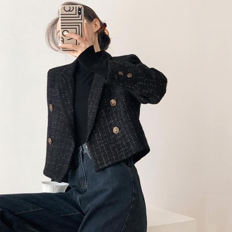 New Arrival! Autumn and Winter Black Short Suit Jacket for Women with Small Stature and Thick Woolen Fabric, Trendy Loose Casual Blazer Coat