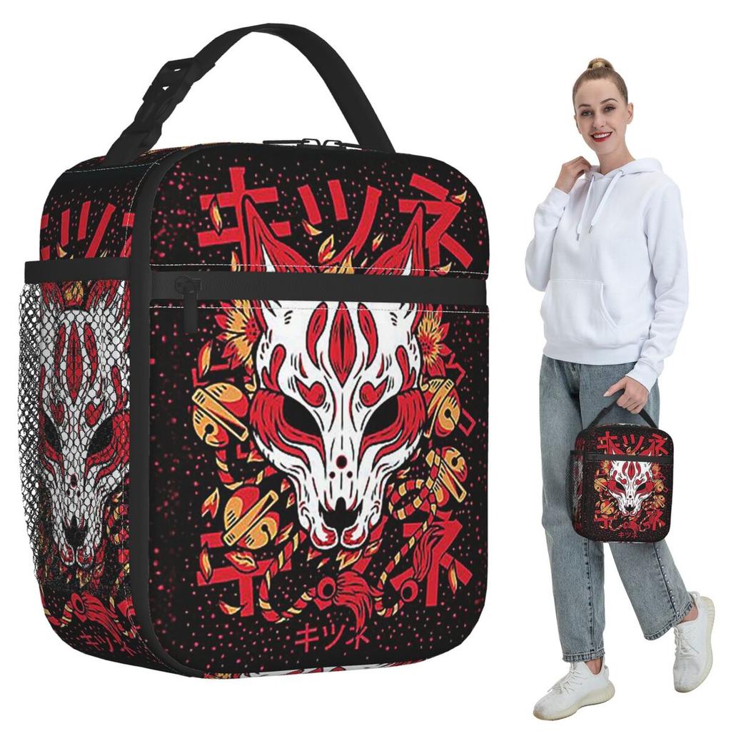 Kitsune Yokai Fox Insulated Lunch Bag for Women Office Cooler Thermal Food Box Tote Portable Lunch Boxes Container