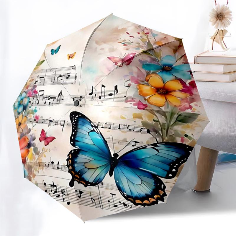 Floral Symphony Music Notes Butterfly Flowers Automatic Folding Umbrella - Portable 3-Fold Design with 8-Bone Iron Frame, Perfect for Festiv