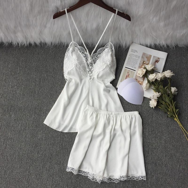 Pajamas Sexy Women's Ice Silk Suspender Shorts Two-piece Private Room Temptation White with Chest Pad Backless Summer Loungewear