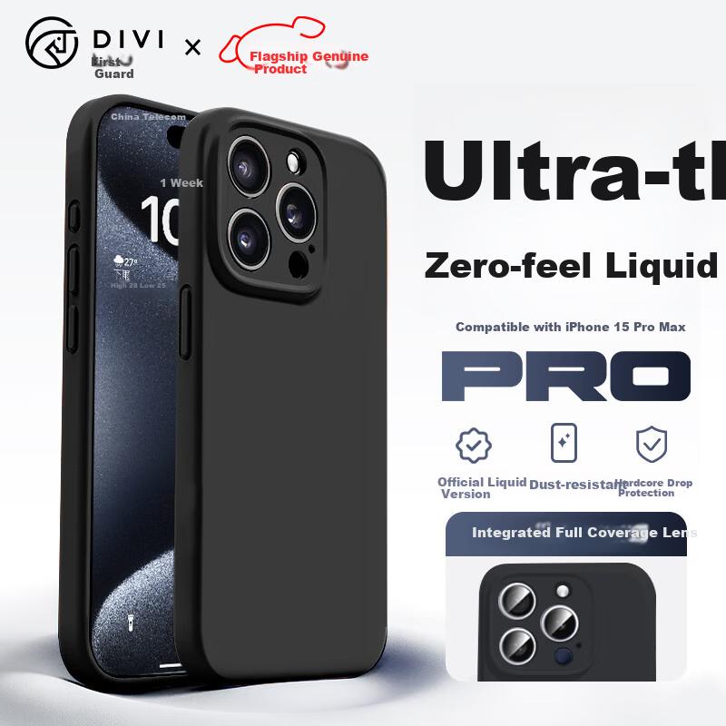 DIVI Zero-Feel Liquid Silicone Case for iPhone 15 Pro Max, Full-Cover Shockproof and Scratch-Resistant Skin-Friendly Ultra-Thin Black