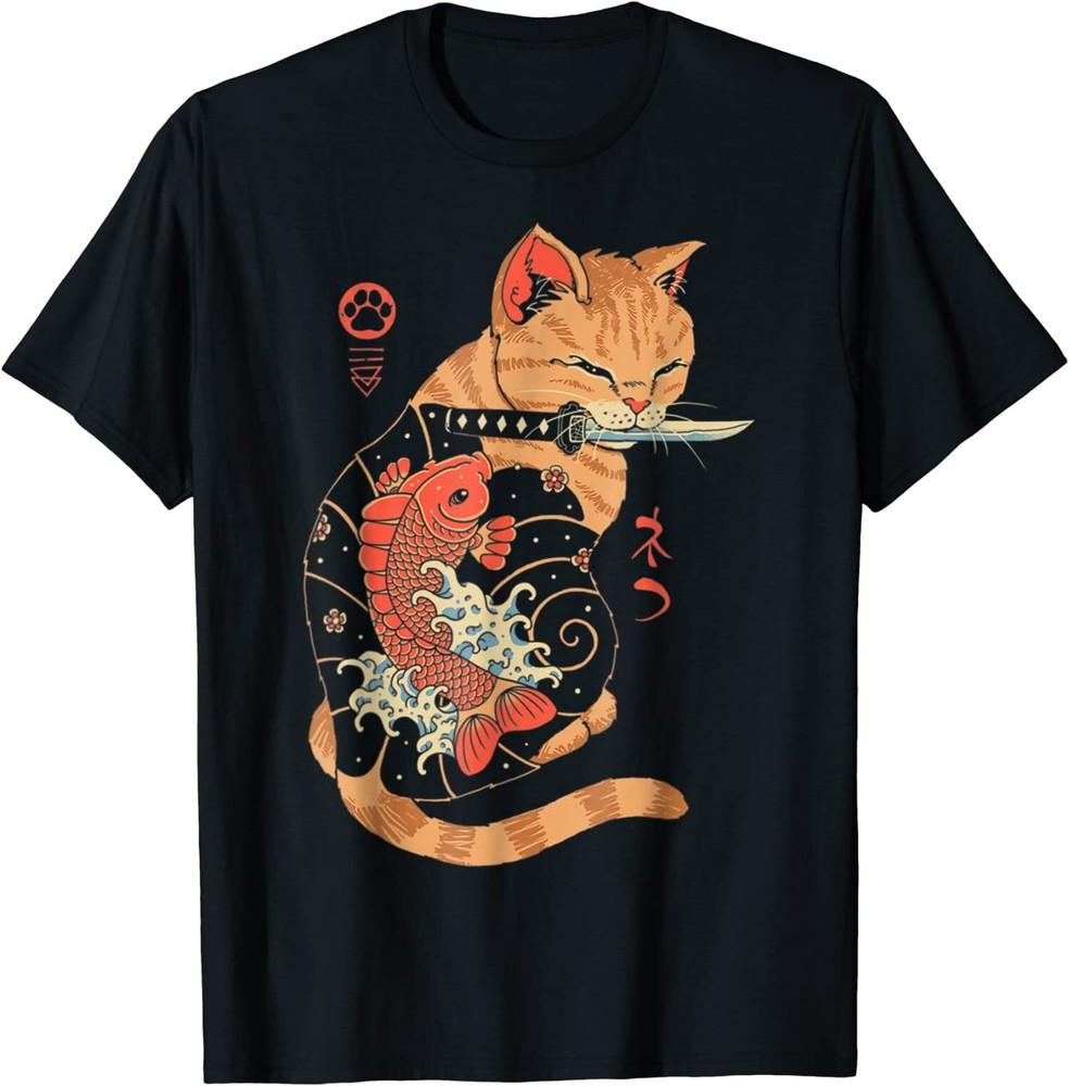 Carp Tattooed Cat Biting A Katana Koi Fish Samurai Cat Japan T-Shirt XXXXL