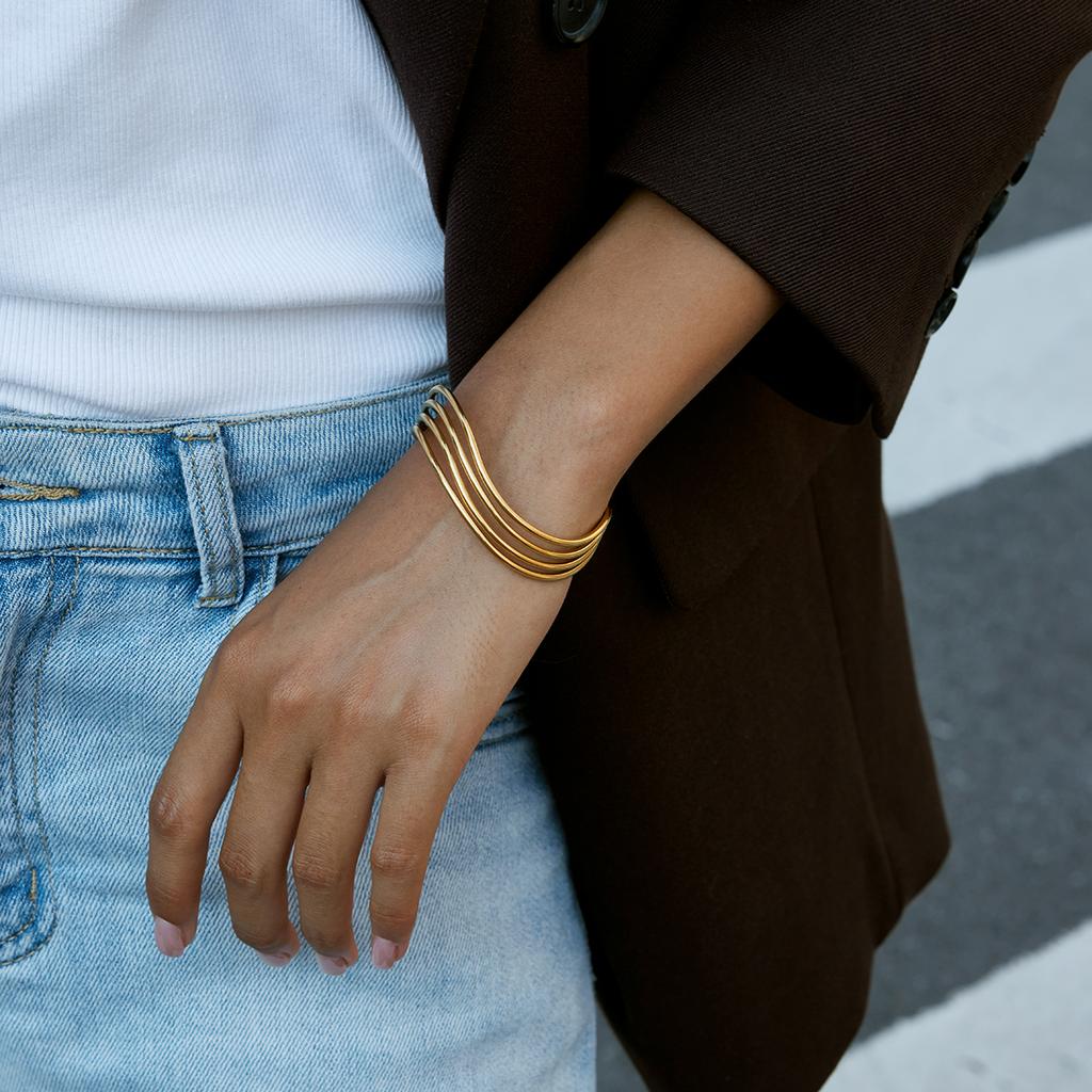  Distinctive Stainless Steel Metal Multi-layered Line Hollow Open Bracelet Bangle Fashion Women Trendy Jewelry Bijoux