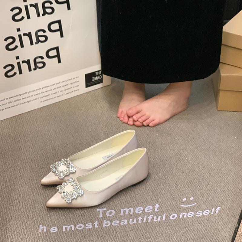 French temperament satin single shoes women's spring pointed rhinestone square buckle with skirt flat bottom ladyshoes