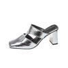 Versatile silver thick heel bag head half slippers women's summer outer wear T-band square head rear empty high-heeled sandals