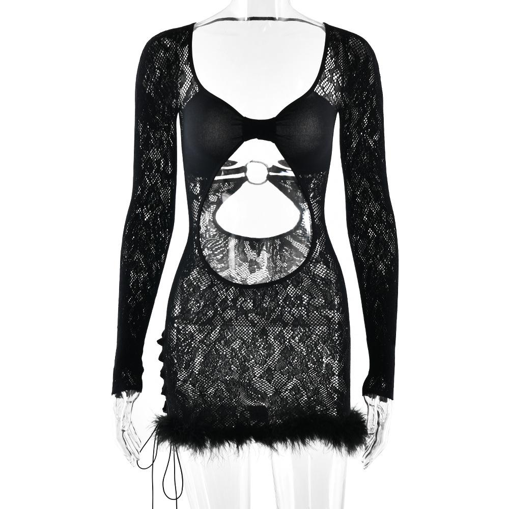 

Spring new sexy women s dress lace hollow long-sleeved slim-fit fluffy splicing hip skirt One size fits all чёрный