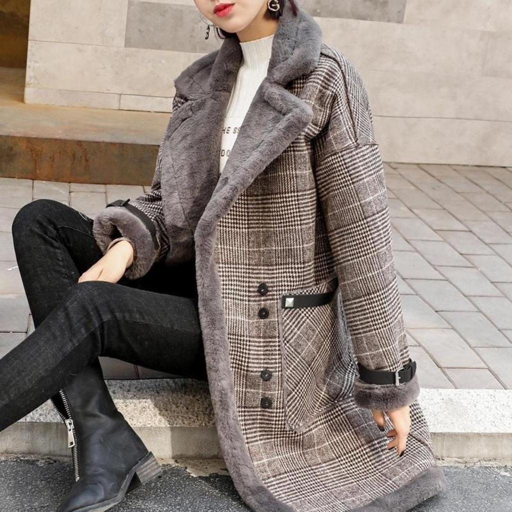 Plaid Faux Leder Pelz Parka Mantel Frauen Herbst Winter Neue Lamm Pelz Weibliche Mantel Fügen Samt Warm Zu Halten Oberbekleidung