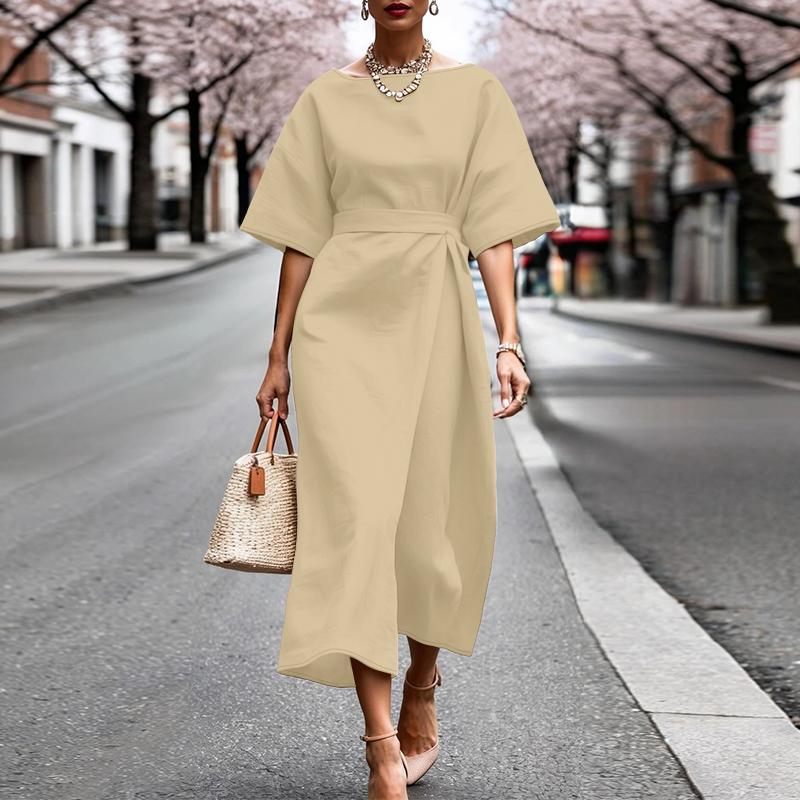 ZANZEA Women Solid Color Casual Round Neck Loose Half Sleeve Dress