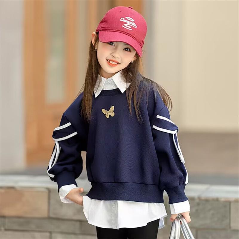 Girls' Trendy Sweatshirt: Spring/Autumn Two-in-One Shirt with Stylish Collar for Kids