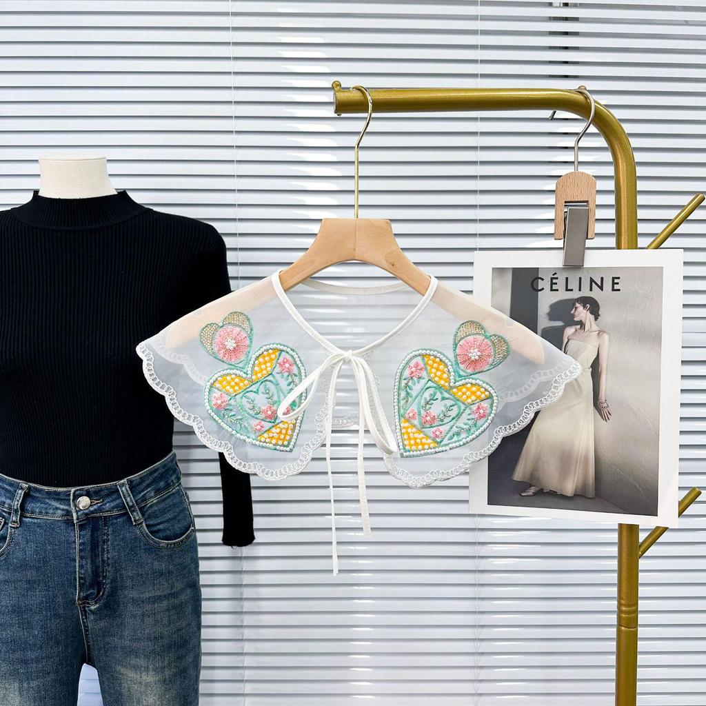 Colorful Embroidered Beaded Bow Tie False Collar - Ethnic Style Floral Design