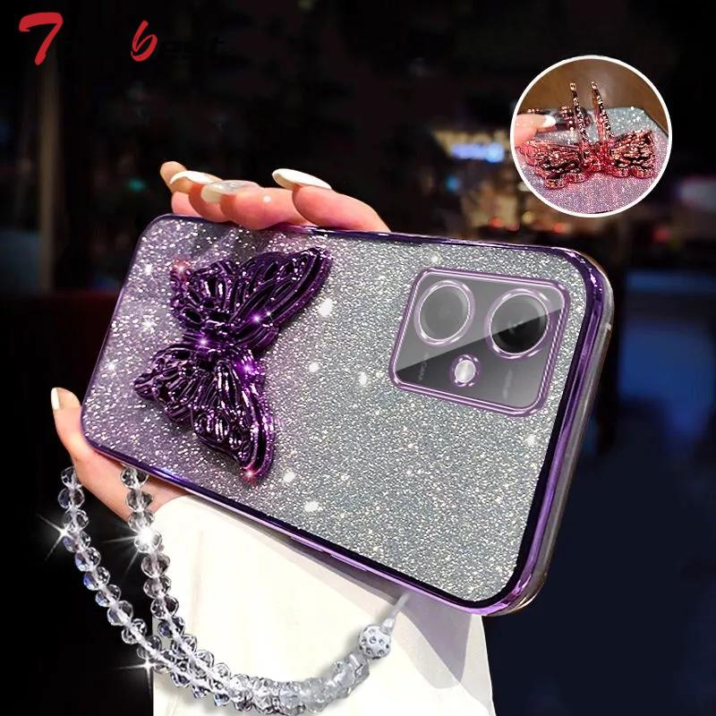 3D Butterfly Phone Holder Crystal Bracelet Glitter Plating Case for Xiaomi POCO X5 Pro 5G Back Cover