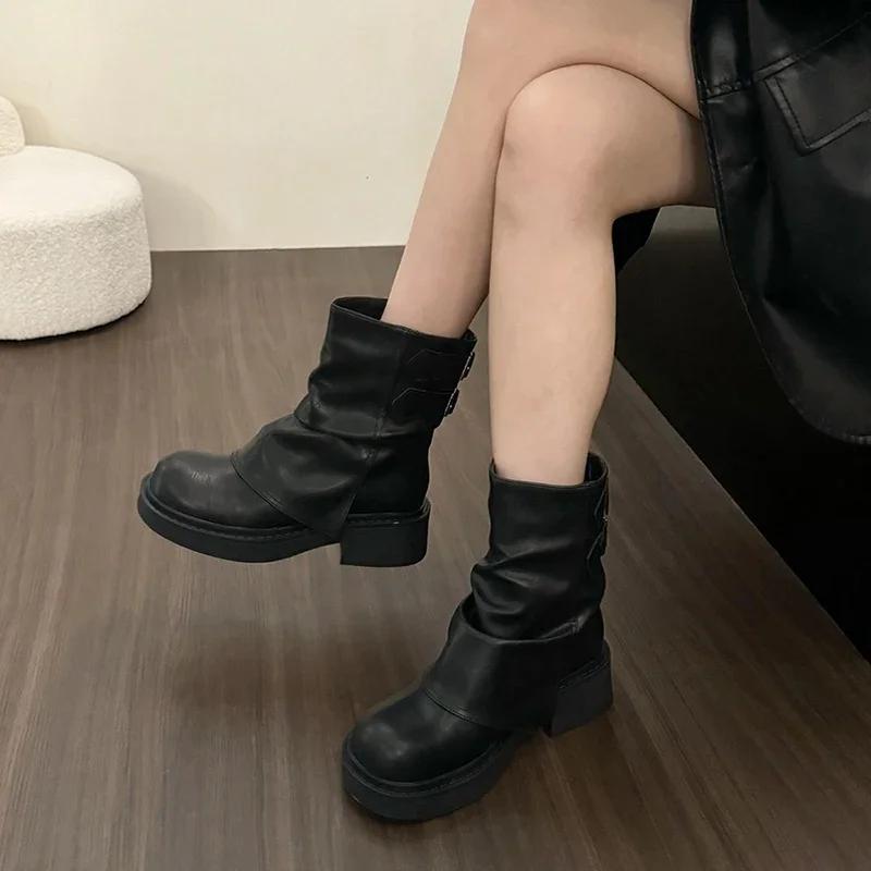 Plateforme Bottes Western Cowgirl Mode Femme Bottines à Enfiler Automne Hiver Talon Épais Chaussures Femme