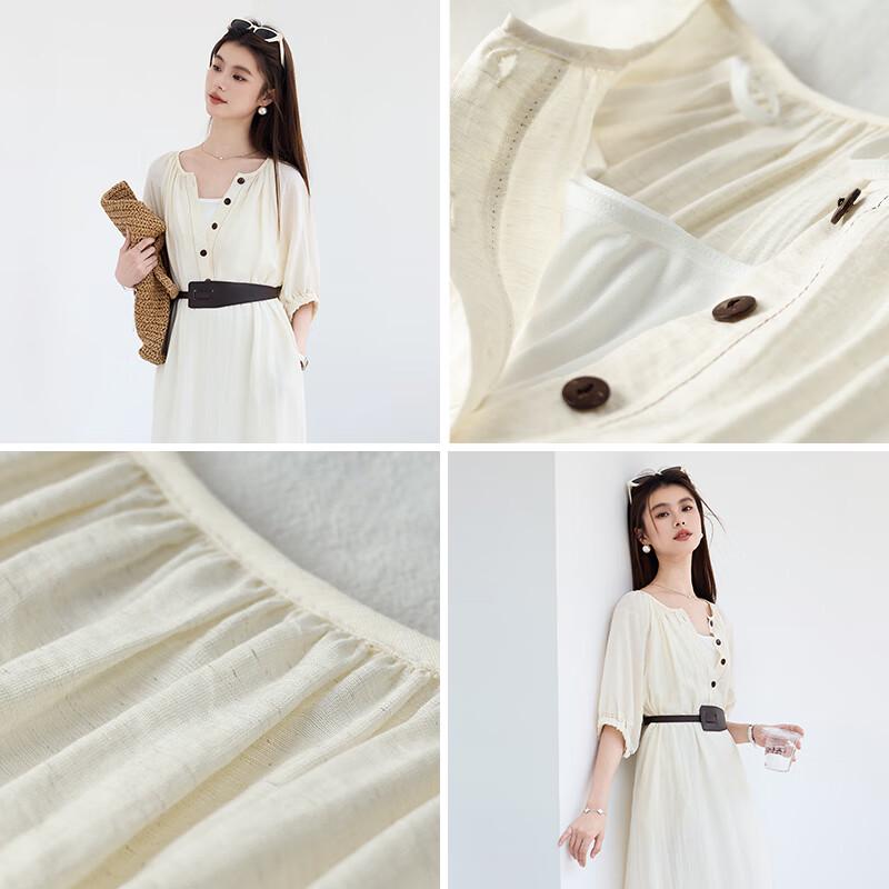 VICTORIA&VERA Women's Cotton Linen V-Neck Midi Dress with Belt