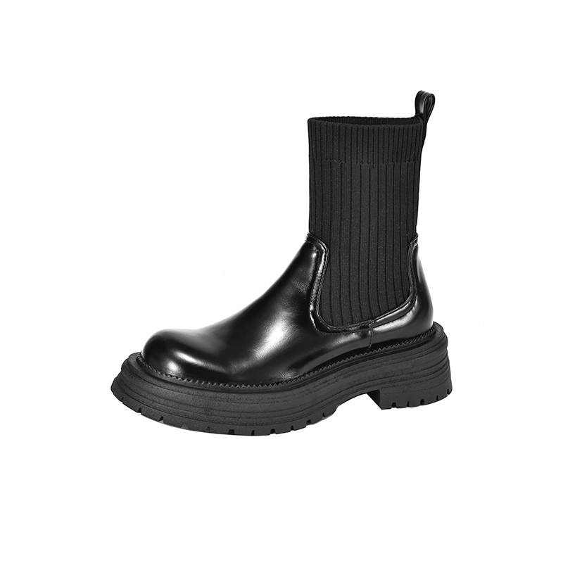 Krazing Pot Microfiber Autumn Winter Shoes Thick High Heels Flat Platform Size 43 Motorcycle Boots Knitwear Non-slip Ankle Boots
