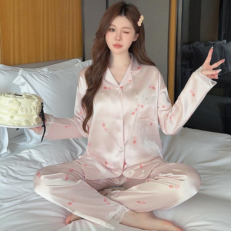 Ice Silk Thin Style Women'S Long-Sleeved Pajamas Spring And Autumn Cartoon Brown Puppy Polka Dot Print Loungewear