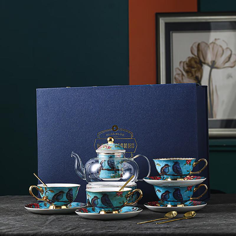 Blue Bird Retro Ceramic Coffee and Tea Set 4 Cups, 4 Saucers, 4 Spoons, 1 Teapot Gift Set