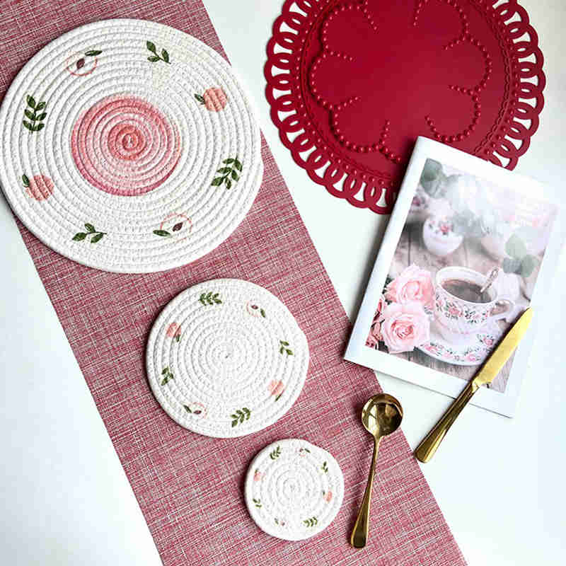 11/18/30cm Insulation Pot Mat Woven Cotton Rope Placemat Creative Printing Coaster Round Household Table Plate Mat Shooting Mat